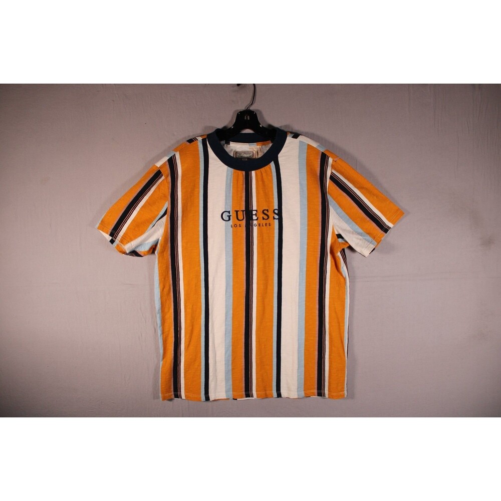 Guess Originals Men's Medium Striped Logo T-Shirt Orange Blue White 100% Cotton